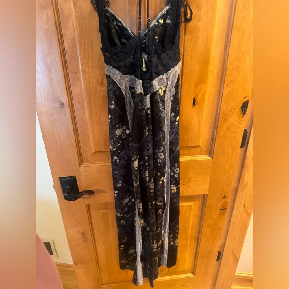 Free People Navy Floral Lace-Trim Maxi Dress